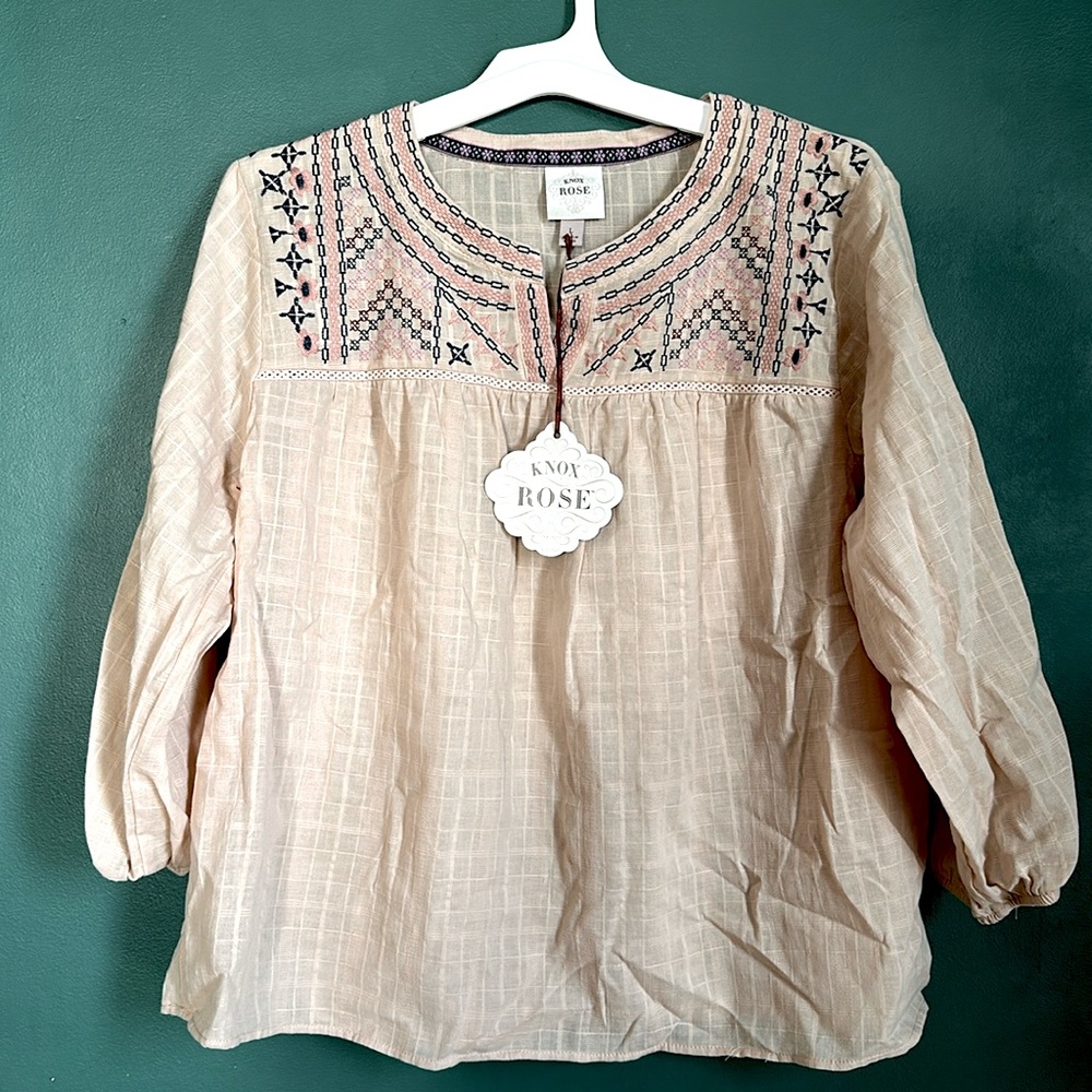 Knox Rose Girls Top Boho Peasant Blouse Floral Embroidered Pink Size L